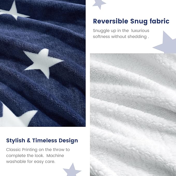Cozy Bliss Thick Warm Sherpa Fleece Star Blanket, Double Sided Patriotic Throw Blanket Fluffy Soft Fuzzy Thick Blanket for Couch, Bed and Gifts(Navy Blue, 60" x 80")