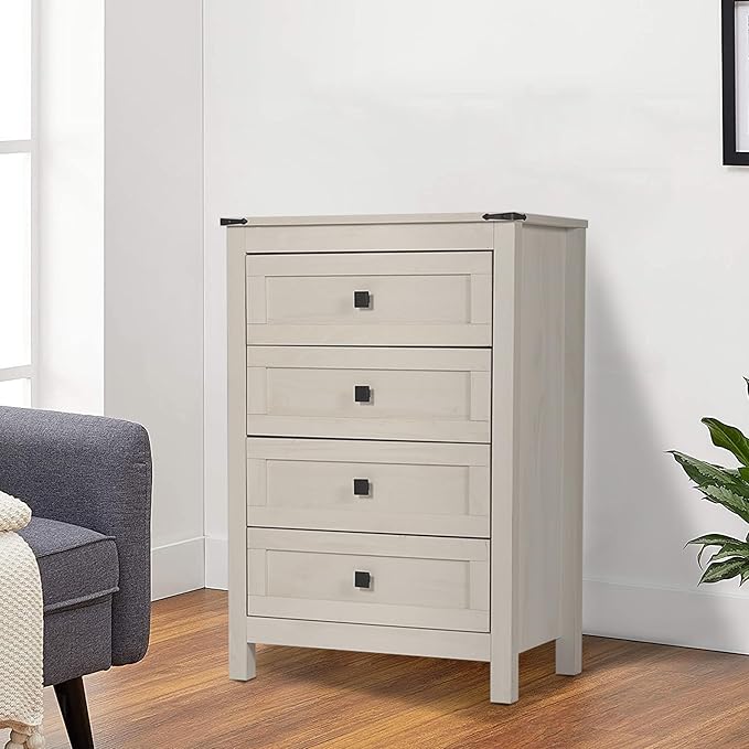 Farmhouse 4 Drawers Dresser, Wood Double Dresser Chest of Drawers Wide Storage Organizer Cabinet for Bedroom, Living Room, Rustic Beige