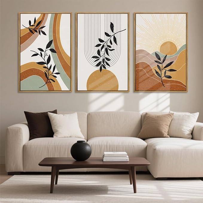 BINCUE Large Boho Framed Wall Art Painting Mid Century Modern Decor Prints for Living Room Bedroom Bathroom 16x24 Inch 3 Pieces