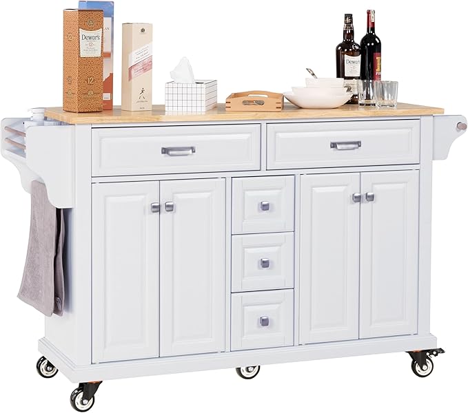Generic 60.5"" Kitchen Island on Wheels, Rolling Island Table for Kitchen with Double Storage Cabinet and 5 Drawers, Portable Kitchen Cart with Rubber Wood Top, White, Large