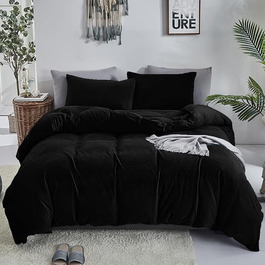 Cottonight Velvet Comforter Set Queen Black Flannel Bedding Comforter Set Dark Color All Black Plush Fluffy Blanket Quilts Modern Winter Warm Thick 3 Piece Soft Solid Black Bedding Set for Women Men