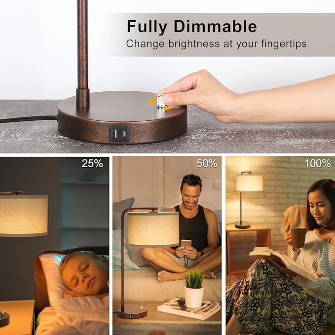 Vintage Table Lamp, Fully Dimmable Table Lamp with C+A USB Charging Ports, Farmhouse Bedside Lamp Nightstand Light, Tall Reading Desk Lamp for Living Room, Bedroom, Office, 9W LED Bulb Included