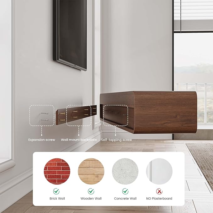 POVISON Fully-Assembled Minimalist Floating TV Stand, Modern Wall-Mounted Entertainment Center with 4 Flip-Down Cabinet Doors, Solid Wood Media Console, Walnut Veneer, 94"