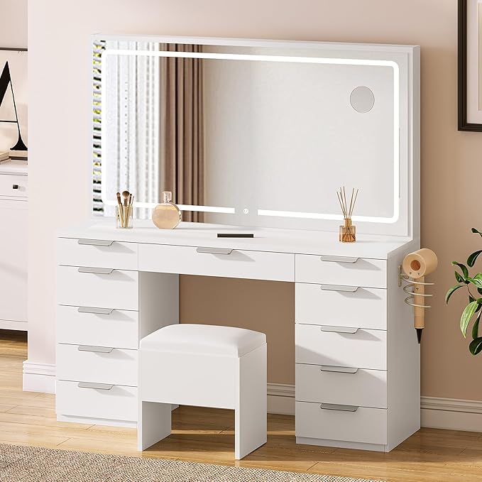 DWVO Makeup Vanity with Large Mirror and Lights, 46" Vanity Desk Dressing Table Set with 11 Drawers & Storage Stool, Dressing Table with Power Outlet and Magnifying Glass, Dressing Room, White