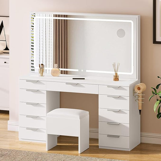 DWVO Makeup Vanity with Large Mirror and Lights, 46" Vanity Desk Dressing Table Set with 11 Drawers & Storage Stool, Dressing Table with Power Outlet and Magnifying Glass, Dressing Room, White