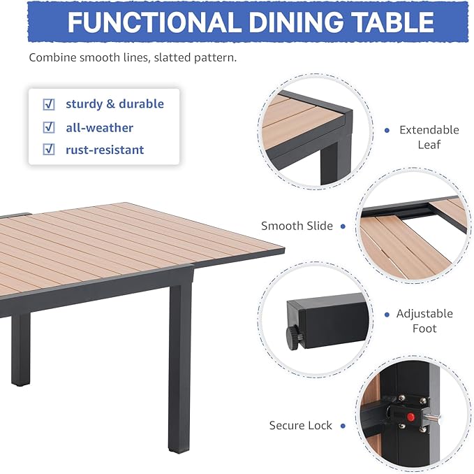 SUNSITT 11-Piece Outdoor Patio Dining Set, 63" - 105" Aluminum Expandable Outdoor Dining Table Set for 10, 10 Woven Rope Chairs with Gray Removable Cushions