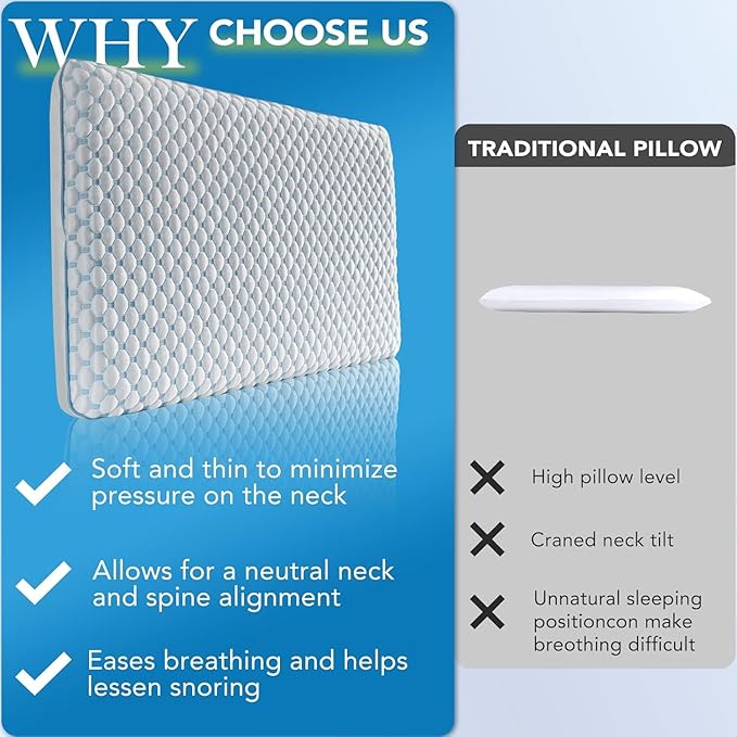 Cooling Gel Flat Pillow for Stomach and Back Sleepers,MAX Cool++ for Back Stomach Sleepers, Ultra Thin Pillow 2.75" H,Flat Pillows for Sleeping Thin Memory Foam Pillows with Washable Cover