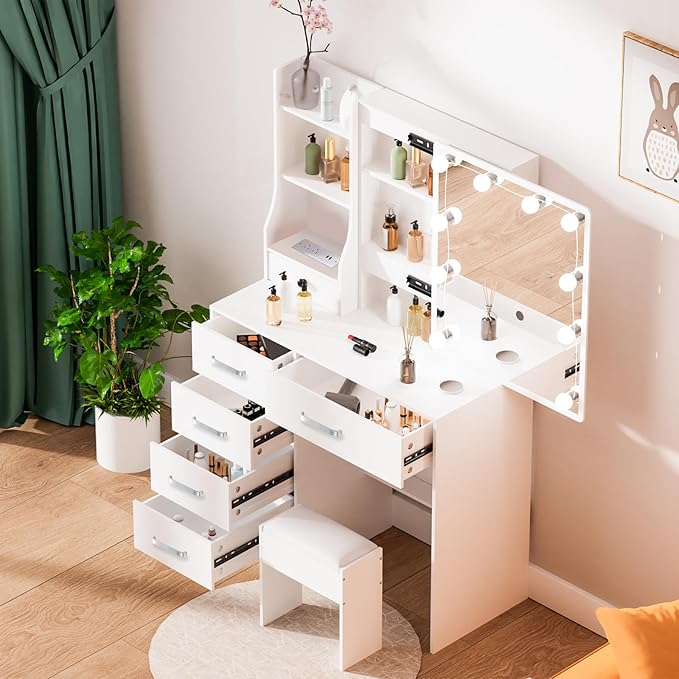 Vanity Desk with Mirror and Lights, White Makeup Vanity with Power Outlet and 3 Lighting Modes, Vanity Table with 6 Drawers, Storage Shelves and Vanity Stool, Dressing Table for Girls, White