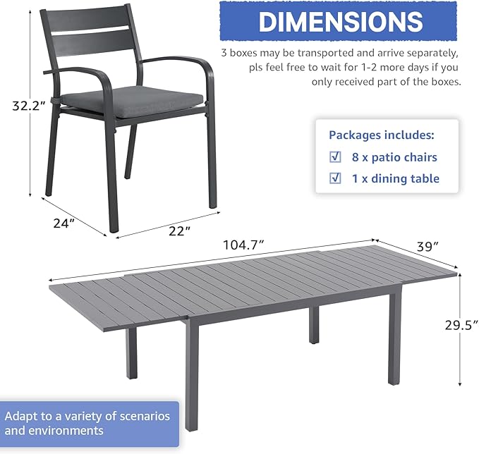SUNSITT 9-Piece Outdoor Patio Dining Set, 63" - 105" Aluminum Expandable Outdoor Dining Table Set for 8, 8 Stackable Chairs with Gray Removable Cushions