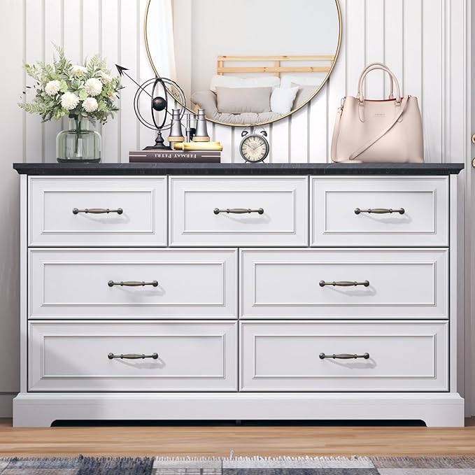 Dresser for Bedroom with 7 Drawer, Farmhouse Dresser for Closet, 47'' Wide Rustic Wooden Chest of Drawers with Natural Wood Texture, Vintage Storage Organizer for Living Room, Hallway, White