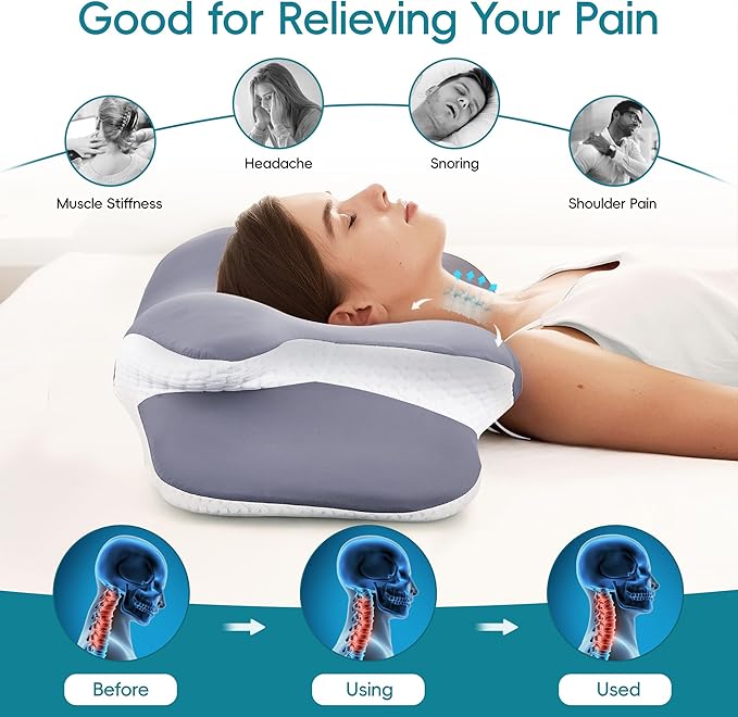 Cervical Neck Pillow for Neck Pain Relief & Support - Cooling Ergonomic Memory Foam Pillow with Dual-Height Contour & Ice Silk Cover for Side, Back, Stomach Sleepers,Grey