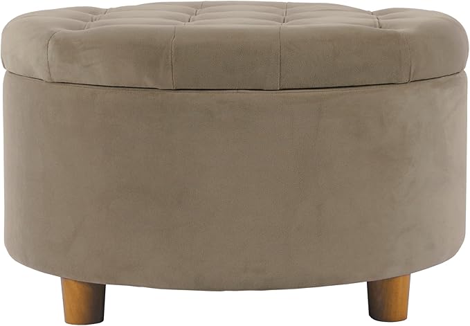HomePop Home Decor | Button Tufted Velvet Round Storage Ottoman | Ottoman with Storage for Living Room & Bedroom, Fawn Velvet