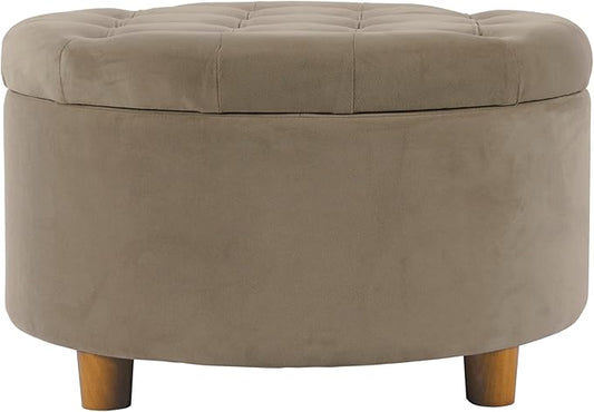 HomePop Home Decor | Button Tufted Velvet Round Storage Ottoman | Ottoman with Storage for Living Room & Bedroom, Fawn Velvet