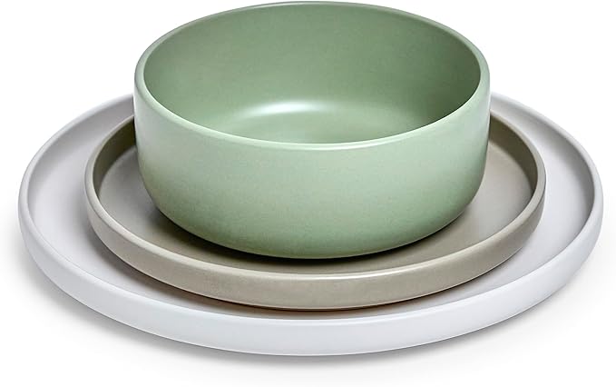 Sango Rollo Alta 12-Piece Modern Stoneware Dinnerware Set- Sage/Sand/White, Includes Dinner & Salad Plates, Cereal Bowls, Microwave & Dishwasher Safe, Highly Chip and Crack Resistant, Service for 4