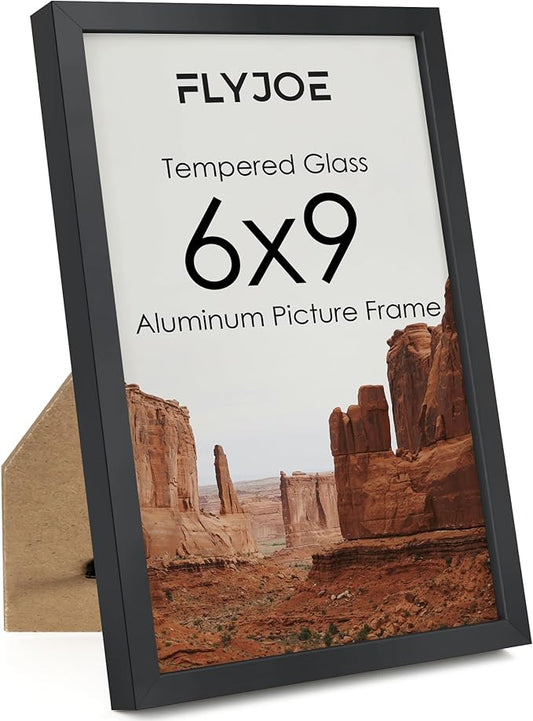 6x9 Metal Picture Frame - Black Aluminum Picture Frames with Real Glass, Wall Mounting Horizontally or Vertically, Simple and Elegant Decor for Wall Gallery Poster Photo 9x6 Frames, Black