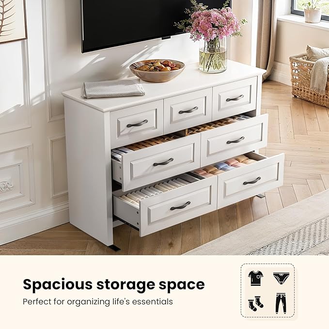 Amada Farmhouse 7 Drawer Dresser for Bedroom, 47.2 Inch Wide Wood Dresser with Natural Texture, Large Drawers, Rustic Farmhouse Chest of Drawers for Bedroom, Living Room, Hallway, White