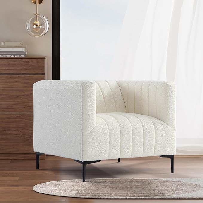Get Set Style Modern Accent Single Sofa Chair with Arms,Tufted Boucle Upholstered Comfy Reading Arm Chair,Thick Seat Cushion Chair for Living Room Bedroom Study Studio Lounge, White