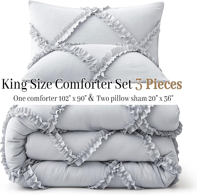Bonlino King Comforter Set Soft Bedding - 3 Pcs Tufted Decor Fluffy Comforter Boho Bed in a Bag with Cute Lightweight Pillowcase for Dorm Farmhouse Bedroom Luxury Gift(Light Grey)