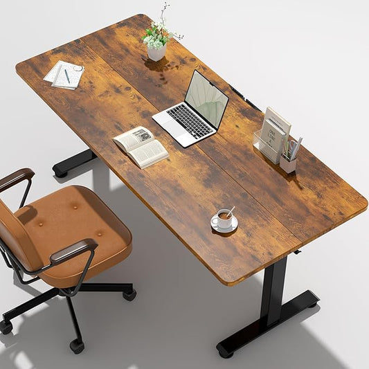 Veken 55 Inch, Height Adjustable Sit Stand Up, Wood Desktop, Work Home Office Computer PC Table, Tall Standup Workstation, Gaming Writing Study Bedroom Rising Desks, Brown