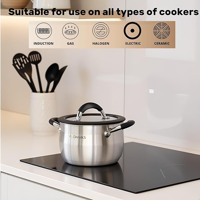 Daniks Orlando 6-Piece Stainless Steel Induction Cookware Set – Dishwasher Safe Pots with Heatproof Handles, Glass Lids, Measuring Scale, Silver
