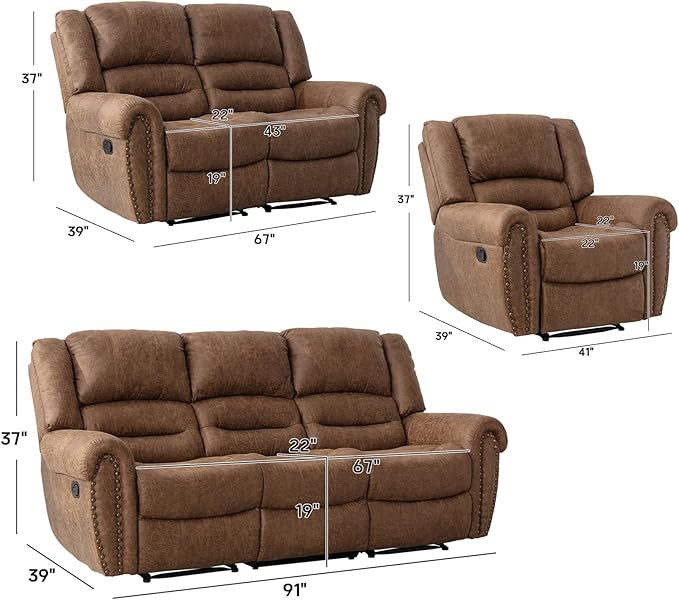 CANMOV Faux Leather Manual Recliner Sofa Set, Manual Recliner Chair, Reclining Loveseat and 3-Seat Sofa for Living Room,Bedroom Furniture, Office,Nut Brown