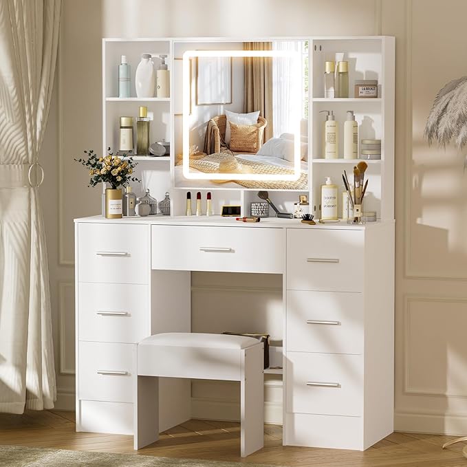 39" W Makeup Vanity Desk with Mirror and Lights, White Vanity Set with 7 Drawers and 8 Storage Shelves, Vanity Table with Adjustable LED Lights and Stool, Dressing Table for Girls, White