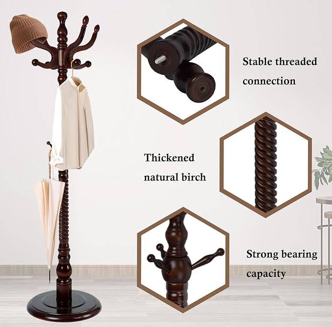 Coat Rack Stand, Solid Wooden Coat Tree with 11 Hooks, Heavy Duty Coat Rack Freestanding with Sturdy Round Base, Natural Birch Wood Coat Hanger Stand for Entryway Bedroom (Circular)