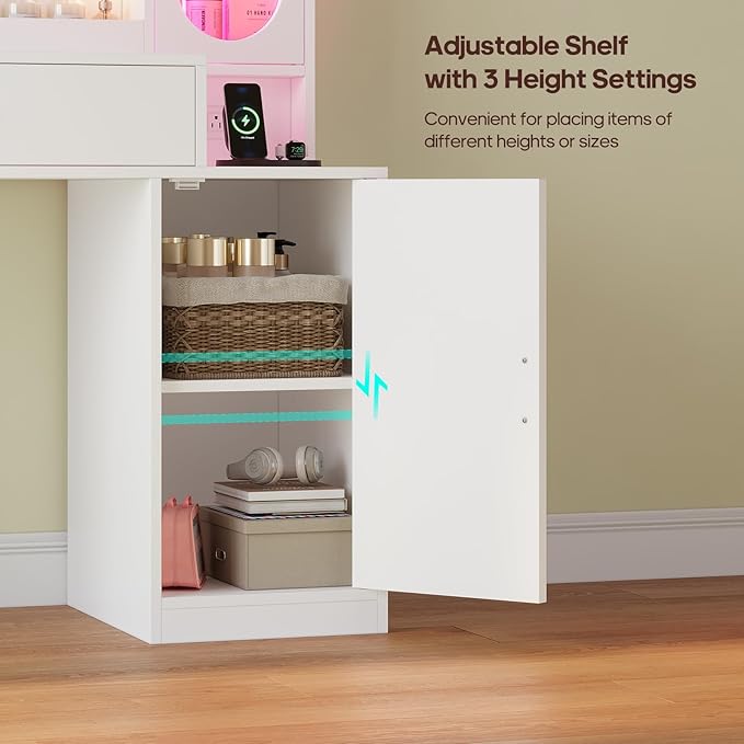 Makeup Vanity Desk with Large 31.5" Mirror and Lights, 46.1" Vanity with RGB Lights & Charging Station, Vanity Table with 6 Drawers & Cabinet & Shelves, White