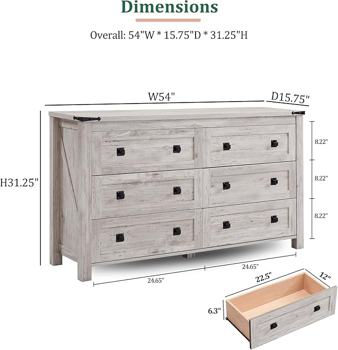 RedLemon Farmhouse 6 Drawer Dresser for Bedroom, 54 Inch Wide Rustic Wood Dresser TV Stand, Dresser Chest of Drawers for Closet, Living Room, Hallway, Antique Brush White