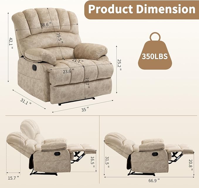 Large Recliner, 23" Wide Seat, A Recliner with Three Position, Recliner Chair Oversized with Two Side Pockets, Light Beige