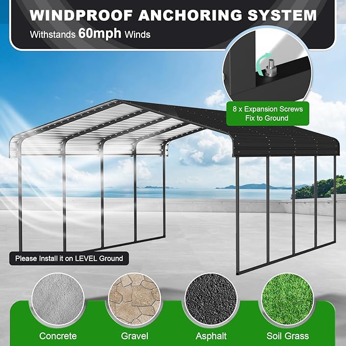 12x20FT Metal Carport Kits, Heavy Duty Car Ports with Galvanized Metal Roof, Outdoor Garage Car Shelter Shade for Car, Boats and Truck (Dark Gray)