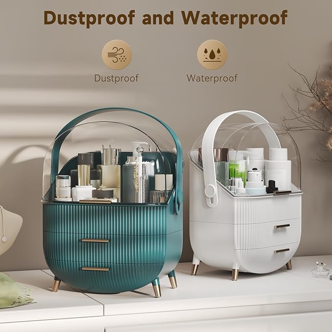 Makeup Organizers, Make Up Organizers for Vanity, Countertop Cosmetic Storage with Drawers and Transparent Cover for Bedroom Bathroom (Green)