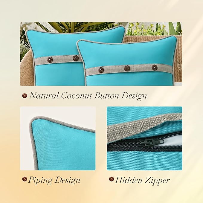 Outdoor Sunbrella Decorative Pillows with Triple Coconut Buttons Pack of 4, 18" x 18" Outdoor Pillow Set for Couch Bed Throw Patio Sofa, Canvas Aruba/Cast Ash