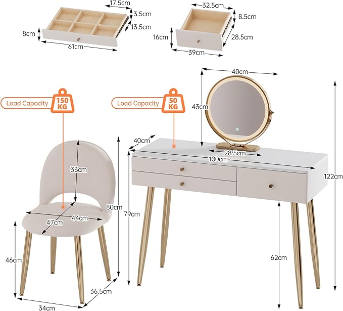 Vanity Desk with Mirror and Lights| 39" Beige Modern Makeup Vanity Set with Drawers & Adjustable Chair| White and Gold Dressing Table for Small Spaces & Bedroom