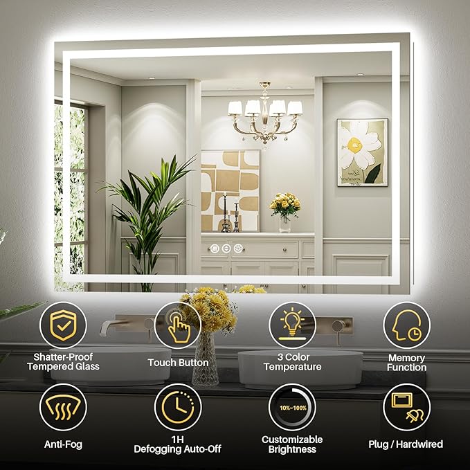 60"x28" LED Bathroom Mirror with Lights, Backlit & Front Lit, Lighted Wall Mirrors for Bathroom Vanity, Touch Screen Dimmable, Anti-Fog, Memory Function, HD Tempered Glass, Shatter-Proof, ETL Listed