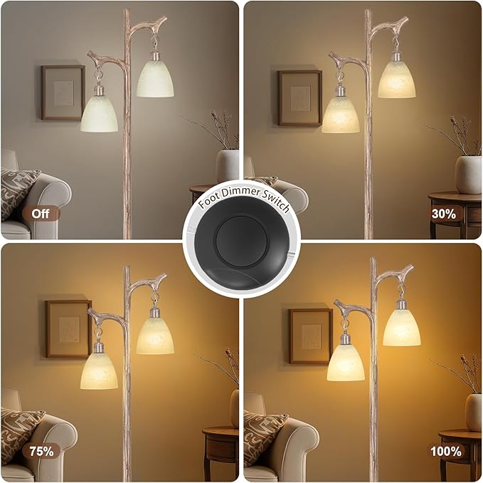 68" Farmhouse Floor Lamp with Glass Shade for Living Room, Vintage Standing Lamp for Bedroom, Rustic Floor Lamp Stepless Dimmable Tree Trunk Tall Lamp for Home Room Office Decor (Bulb Included)