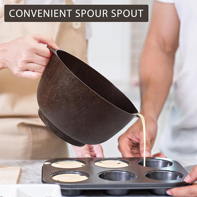 BoxedHome 4 Quart Large Plastic Mixing Bowls, Microwave Safe Mixing Bowl Set with Pour Spout, Nesting Bowls for Space Saving Storage(brown)