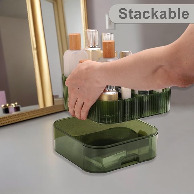 VOCOSTE 1 Set Makeup Organizer with Stackable Drawer, 7 Grids Makeup Organizer for Countertop Vanity, Skincare Organizers Cosmetic Display Cases for Lotions Lipsticks Brushes, Green