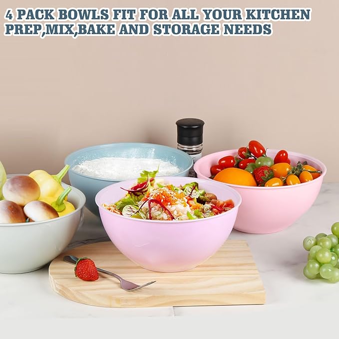 4-Piece Plastic Mixing Bowl Set with Lids for Kitchen, 67oz Lightweight Storage Bowls, Large Salad Bowls for Baking, Prepping, Cooking and Serving Food, Dishwasher & Microwave Safe