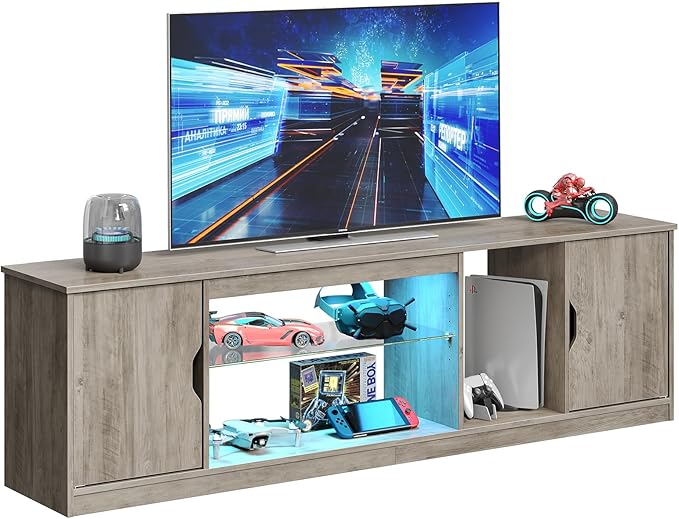 Bestier LED TV Stand for TVs up to 80 Inches, 70 Inch Entertainment Center with Adjustable Glass Shelves & Storage Cabinet for PS5 Xbox, Modern Media Console for Living Room & Bedroom, Washed Gray