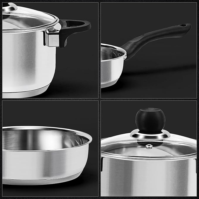 Stainless Steel Cookware Set, 12-Piece Pots and Pans Set, Induction Kitchen Cookware Set with Stay-Cool Handles, Non-Toxic, Dishwasher Safe & Suitable for All Cooktops, Black