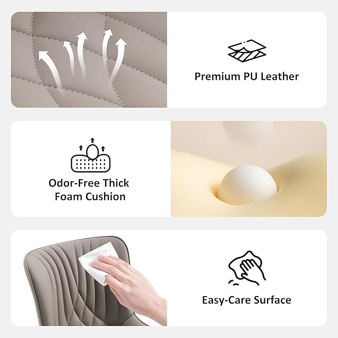 YOUTASTE All Grey Office Chair, Modern Armless Desk Chair with Back, Adjustable Swivel Rolling Faux Leather Task Chair with Wheels Metal Base for Home Office, Study, or Vanity