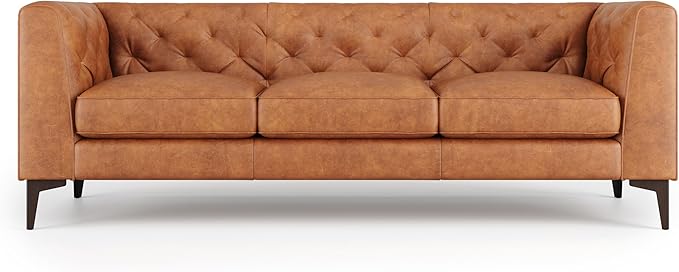 Valencia Avery Leather Couch 89" | Top Grain Nappa 11000 Leather 3 Seater with Tufted Back, Solid Wood Frame, Plush Cushioning, Saddle Tan