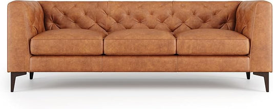 Valencia Avery Leather Couch 89" | Top Grain Nappa 11000 Leather 3 Seater with Tufted Back, Solid Wood Frame, Plush Cushioning, Saddle Tan