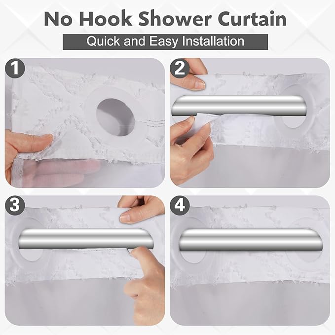 No Hook Shower Curtain Set with Snap in Liner, White Jacquard Tufted Geometric Bath Curtain, Boho Luxury Hotel Bathroom Decor, Waterproof Washable, 71 x 80 Inch