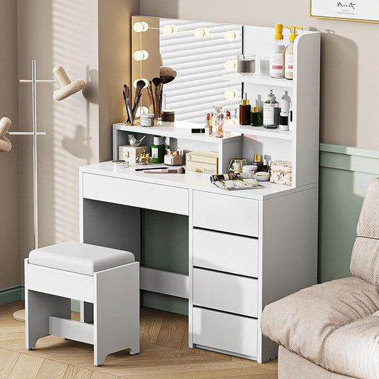 Vanity Desk with Mirror and Lights, 37-Inch Wide Makeup Vanity with Upholstered Vanity Stool, 5 Drawers Makeup Table with Lighted Mirror, 3 Lighting Modes Brightness Adjustable for Bedroom, White
