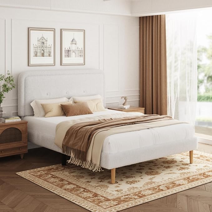 Full Size Boucle Platform Bed Frame, Anti-Collision Soft Rounded Corners, Adjustable Headboard, No Box Spring Needed, Easy Assembly, Noise Free, White