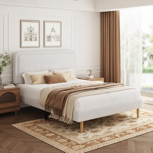 Full Size Boucle Platform Bed Frame, Anti-Collision Soft Rounded Corners, Adjustable Headboard, No Box Spring Needed, Easy Assembly, Noise Free, White