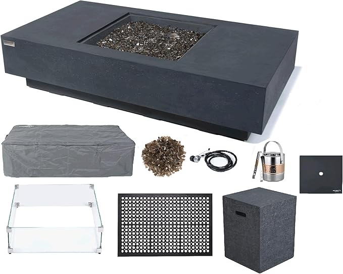 Elementi+ | Monte Carlo Gas Fire Pit Cast Concrete 60" Rectangular Fire Table, Outdoor Fire Pit Electronic Ignition | Canvas Cover, Fire Glass and Burner Lid Included | Light Gray | Propane Gas