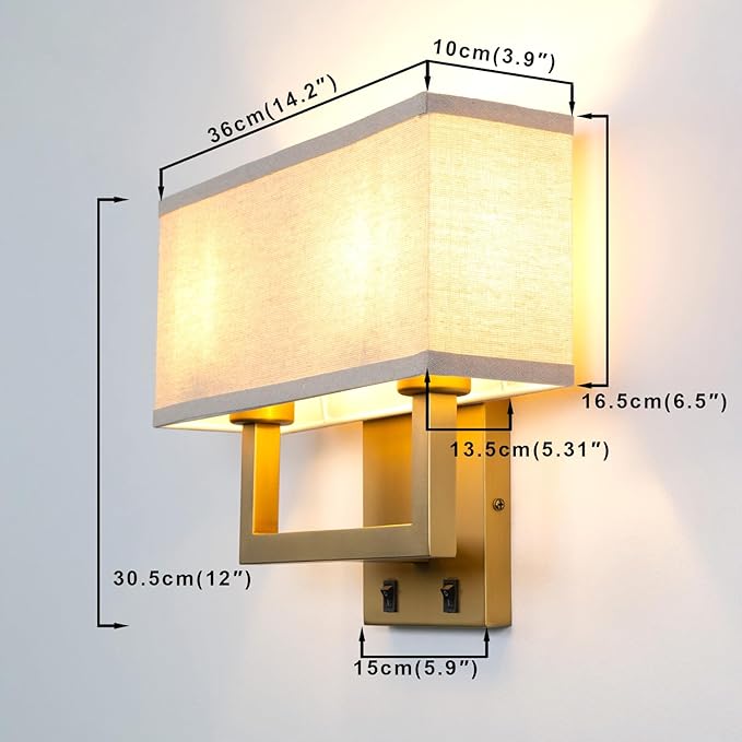 Yosoan Linen Fabric Boho Wall Sconce Bedside Light with On Off Switch, 2-Light Brass Finished Hardwired Vintage Industrial Dual Wall Mount Lamp Square Shade for Bedroom Living Room Stairwell(Antique)